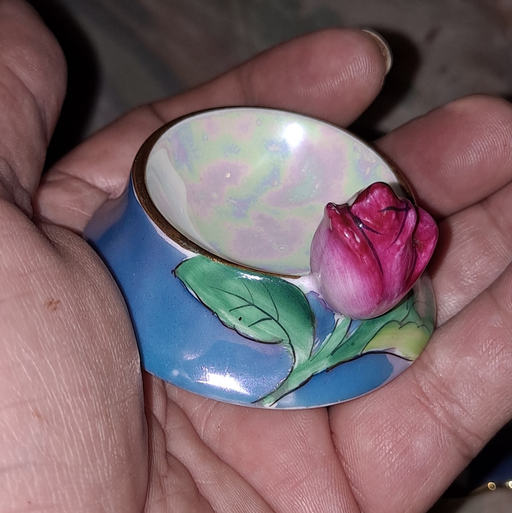 6 Vintage Blue Salt Dishes With Red Roses and Green Leaves, Set of 6
